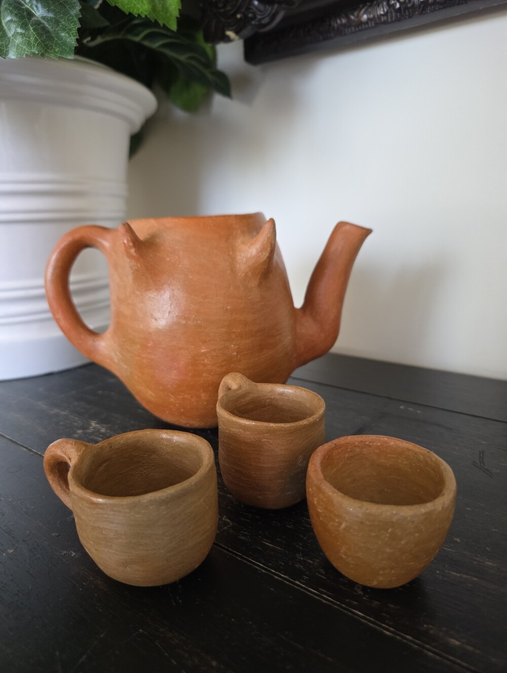 Whimsical Folk Art Sculptural Handmade Red Clay Novelty Teapot With Cups Artisan
